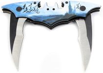 Dark Twin Blade BAT Knife - Double Edge Folding Pocket with clip, 11" Stainless Steel Tactical Two Sharp Cut Spring Assisted Blade (Blue Bats)