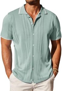 COOFANDY Men's Knit Button Down Shirt Vintage Short Sleeve Polo Shirts Casual Beach Tops, Ice Green, Medium