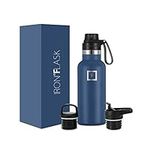 Hydration Camping & Hiking Flask - 470ml 3 Lids (Narrow Straw/Spout Lid) - Stainless Steel Water Bottle with Straw Lid - Metal Double-Walled Insulated Leakproof - Sports Gym School Kids