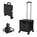 SELORSS Foldable Utility Cart Folding Portable Rolling Crate Handcart with Durable Heavy Duty Plastic Telescoping Handle Collapsible 4 Rotate Wheels for Travel Shopping Moving Luggage Office (Black)