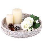 IGNPION Rattan Serving Tray 30cm Decorative Display Tray Table Storage Tray with Handle Desktop Organiser Tray for Tableware,Makeup,Vanity,Jewelry,Candle, Ornament Whitewash