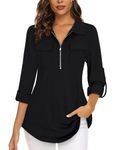 Gemulate 3/4 Sleeve Tops for Women UK Womens Tops Zip Up Long Sleeve Tops Polo Shirts Blouses Loose Dressy Casual Tunic Tops - Black, L