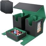 AFIING MTG Commander Card Storage Box - Fits 200 Double Sleeved Cards,3-in-1Card Deck Case,Strong Magnet Card Organizer For Magic Commander TCG CCG,4Dividers &2 Toploaders, Black/Green