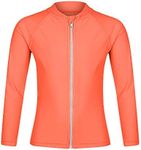 Girls Long Sleeve Rash Guard Swimwear, Zip Swim Shirt, Sun UPF 50+ (10, Orange Rash Guard)