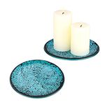 BSTKEY Set of 2 Mosaic Glass Candle Plates, Decorative 15CM Round Candle Plate Holder Pillar Candle Holder, Tealight Candle Mat Cup Plate Coasters (Blue)