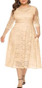 Eternatastic Womens Scooped Neckline Floral lace Top Plus Size Cocktail Party Midi Dress XL Beige