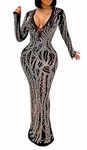 Aro Lora Womens Sexy Glitter Rhinestones See Through Sheer Mesh Club Bodycon Maxi Dress, 02 Black, Large