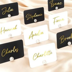 UNIQOOO 24Pcs Decorative Pearl Place Card Holders w/Black White Cards, Elegant Men&Women Name Card Stands Set, for Wedding Event Table place Cards, Retail Shop, Business Card, Party Food Signs