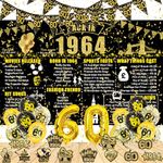 60th Birthday Black Gold Party Decoration, Back in 1964 Banner Party Poster Supplies, Including 1964 Background, 12 Hanging Swirl, 14 Balloon and Pennant for Men Women Reunion Decor (Black Gold 1964)