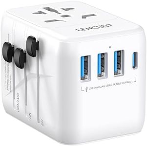 LENCENT Universal Travel Adapter, International Charger with 3 USB Ports & Type-C PD Charging Adaptor for Cellphones,Laptop, All in One Travel Plug Adapter for Over 200 Countries (USA UK EU AUS) White