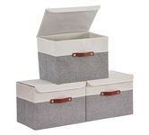 DECOMOMO Storage Basket with Lid [3-Pack] Collapsible Large Storage Bins with Lid Sturdy Cationic Fabric Storage Boxes for Organizing Shelf Nursery Linen (Grey & White Flip-top lid)