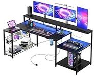 Bestier Gaming Desk with Power Outlets 181CM LED Computer Desk with Long Monitor Stand Large L Shaped Corner Desk with Storage Shelf Cup Holder Headset Hooks Ideal for Gaming Room