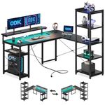 ODK L Shaped Desk with LED Lights & Power Outlets, Reversible Computer Desk with Shelves, Reversible Home Office Desk, Black, 140×137 cm