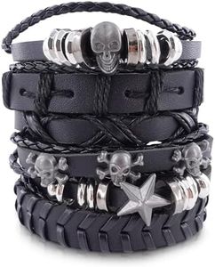 Evrblock Skull Bracelet - 6 Pcs Black Leather Bracelets for Men & Women, Emo, Grunge, Punk Accessories – Adjustable Size (7" to 11"), Durable Leather, Comfortable Fit, Stylish & Unisex