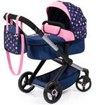 Bayer - Dolls Pram Xeo - Baby Doll Stroller for Dolls with Bag, Adjustable, Reversible Handle, Foldable - Dolls Up to 18” - Age 3+ - Dark Blue Pink Star - 17016AA
