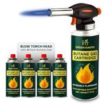 Green Haven Blow Torch for Cooking with 4 Butane Gas Canisters – Kitchen Torch with Adjustable Flame & Safety Lock, Crème Brûlée Torch for BBQ, Baking, Soldering & DIY