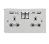 13A 2G Switched Socket with Dual USB Charger A + A (2.4A) - Brushed Chrome with Grey Insert