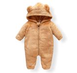 First Kick Unisex Baby Flannel Jumpsuit Classical Style Panda Snowsuit Hooded Romper Dangri Outwear (Camel, 6-9 Months)