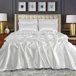 CHARKHAH Satin Silk 6 Piece Complete Bedding Set Durable Silky Fabric with Single Double King Size Bed Fitted Sheet Duvet Cover Comforter and 4 Pillow Cases (White, Double)