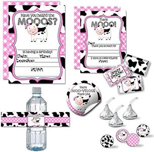 Amanda Creation Deluxe Heard the Moos Pink Cow Birthday Party Bundle Includes 20 Invitations & Thank You Cards with Envelopes + Stickers, Mini Candy Bar Wrappers, & Water Bottle Labels!