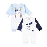 Kidbea 100% Organic Cotton Rompers | Sleepsuits | Jumpsuit | Nightsuit for New-Born Baby Girls & Boys infants & Toddler, Color Blue Kitty & White Penguin Printed Combo Of 2 Size 3-6M