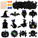 CHRORINE 60Pcs Halloween Theme Scratch Paper Pumpkin Bat Castle Craft Kit with 20pcs Bamboo Styluses and 24M Ribbons for DIY Halloween Party Supplies