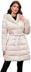 PAPILLON D'OR Women's Long Puffer Coat with Belt, Hood & Furry Lining - Knee-Length Winter Jacket with Dual-Zipper Pockets (US, Alpha, X-Large, Regular, Regular, Pink-beige)