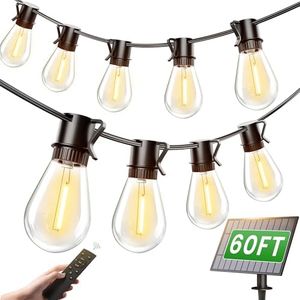 Torkase 60FT Solar Outdoor String Lights, 18+1 Shatterproof LED Bulbs, Waterproof, USB Rechargeable, 2200K Warm White, Energy-Saving Hanging Patio Lights for Garden, Porch, Bistro, Deck, Camping