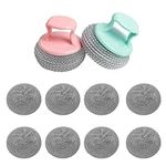 Stainless Steel Scourers, 10 Pcs Kitchen Sponges Scourer Set with 2 Handle, Cleaning Steel Wool Pads, Kettle Descalers Wire Ball for Pots, Pans, Brushes, Hobs, Grills, Bathrooms