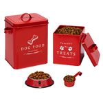 Meraki Home Small Dog Food Container and Dog Treat Container - Tight Lids - Feed Scoop and Pet Food Bowl - Farmhouse Metal Storage Bin - Glossy Red