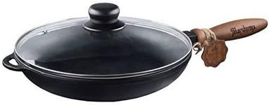 Texas Element Maysternya T302C3 Solid Cast Iron Frying Pan 24 cm with Wooden Handle & Glass Cover