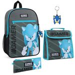 SONIC THE HEDGEHOG Boys Backpack School Bag Sets with Boys School Bag Lunch Bag Pencil Case Keyring 4 Piece Kids Travel Bag Set Sonic Gifts for Boys