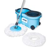 Senego Spin Mop with Big Wheels and Stainless Steel Wringer, Bucket Mopping System for Floor Cleaning (Extra 1 Microfiber Refill, Blue)