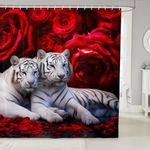 Tiger Curtains,Rose Tiger Shower Curtain Brown Red Image of Large Cat Playing with Water Cool Nature Animal Fabric Bath Curtain Romantic Flower Floral Curtain for Bathroom Bathtubs Grey Black 72Wx72L