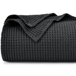 PHF 100% Cotton Waffle Weave Blanket Queen Size 90"x90"-Lightweight Washed Soft Breathable Blanket for All Season - Perfect Blanket Layer for Couch Bed Sofa-Elegant Home Decoration-Black