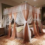 Joyreap Luxury 4 Corners Post Canopy Bed Curtains - Coral & White Cozy Drape Netting - Cute Princess Style Decoration Accessories(Reddish Brown, 59" W x 78" L, Full/Queen)