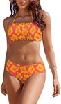 AI'MAGE Bikini Set for Women Two Piece Swimsuits 2024 Floral Bathing Suit Bandeau Swimswear with Removable Shoulder Straps, Pink Yellow Floral, M