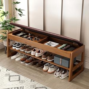 IUNVR Shoe Rack Bench Seat Rubberwood 2-Tier Wooden Storage Bench 550lbs Compact Mid-Century Modern Design for Entryway, Hallway, Closet, Front Door Entrance, Foyer