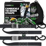 RHINO USA Motorcycle Tie Down Straps (Set of 2) - Heavy Duty 1000 kg Break Strength, Cambuckle Motorbike Tiedowns with Soft Loops & Hooks - Better Than a Ratchet Strap - Black