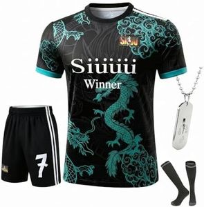 Kids Soccer Jersey Uniform Set #7 | Complete 4-Piece Kit with Shirt, Shorts, Socks & Player Necklace for Boys & Girls (Green-C.R.NO.7-Dragon, 11-12 Years)