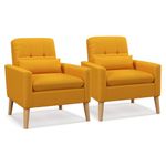 KOMFOTT Modern Linen Accent Chair, Upholstered Tufted Armchair with Lumbar Pillow, Rubber Wood Legs, Comfy Padded Cushions, Fabric Sofa Chair for Living Room, Guest Room, Bedroom (2, Yellow)