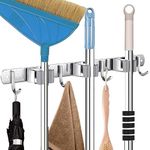 Zeinwap Broom Mop Holder Wall Mount Stainless Steel Wall Mounted Storage Organizer Heavy Duty Tools Hanger with 3 Racks 4 Hooks for Kitchen Bathroom Closet Garage Office Garden-1Pc, Hanging Shelves