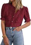 PRETTYGARDEN Womens Summer Lace Tops Short Puff Sleeve Casual Dressy Blouses Eyelet Crew Neck Button Down Shirts (Wine Red,Small)