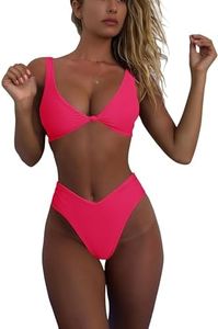 geluboao 2 Piece Bright Pink Bikini Swimsuits for Women Cheeky High Cut High Waisted V Neck Front Kont Push Up Bathing Suit M