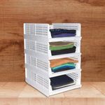 HomeStrap Set of 4, Small Stack it Up | Small Cloth Stacker | Foldable Shirt Storage Stacker for Wardrobe | Plastic Stackable Closet Organizer | White