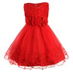 Discoball Girls Princess Dress Rose Flower Bow Tie Party Dress Tulle Wedding Dress Bridesmaid Christening Elegant Formal Dress for Girls Red