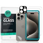 Ibywind Screen Protector (2 Pack) For iPhone 15 Pro 5G,9H Hardness Tempered Glass,With 1Pc Metal Camera Lens Protector,1Pc Back Protector,Easy to Install