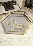 IAC Crafteriaaa Glass Mirror for Wall Hexagon Glass Trays for Decoration with Brass Rim and Glass Mirror Base, Makeup Tray Washroom Decor Items, Vanity Organizer [10×10×1.5 Inches]