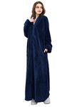 Hellomamma Women's Zip Front Bathrobe Soft Long Fleece Plush Robe Full Length Housecoat Sleepwear Dressing Gown Navy Blue