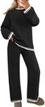 MEROKEETY Women's 2 Piece Fuzzy Fleece Lounge Sets Long Sleeve Top Wide Leg Pants Sweater Pajama Set, Black, X-Large